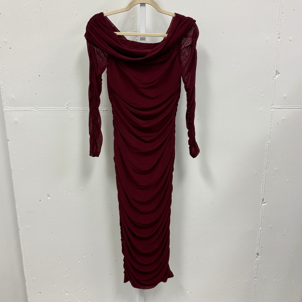 NWT Pretty Garden Burgundy Mesh Ruched Off Shoulder Bodycon‎ Midi Dress Wine Med